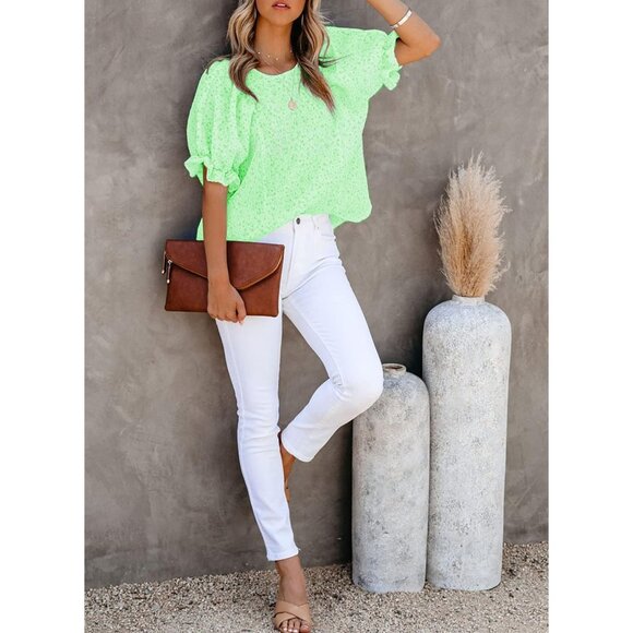 Women Green Print Blouse Crewneck Smocked Puff Sleeve Shirts Casual Babydoll Top - Picture 5 of 6
